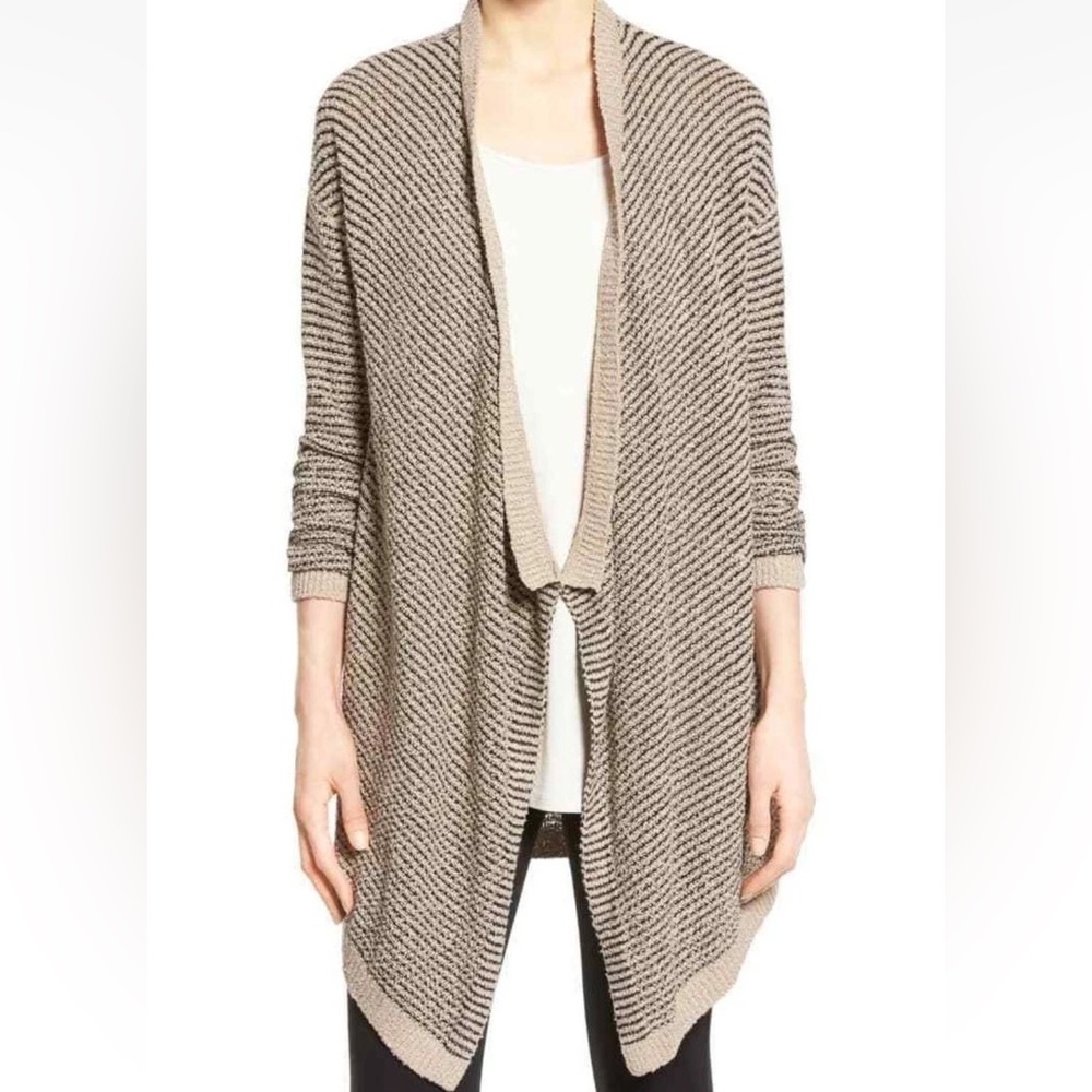 Eileen Fisher Cascading Open Cardigan Sweater Large Stripe Boucle Organic Cotton